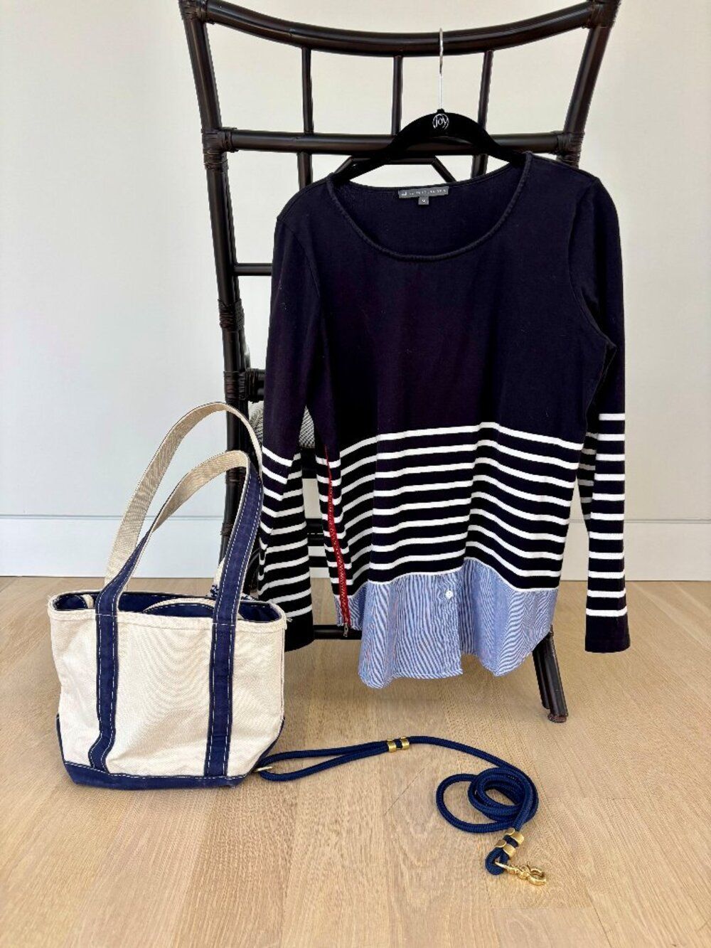 Elliott Lauren Striped Top Navy White Zip Detail Mixed Media Large